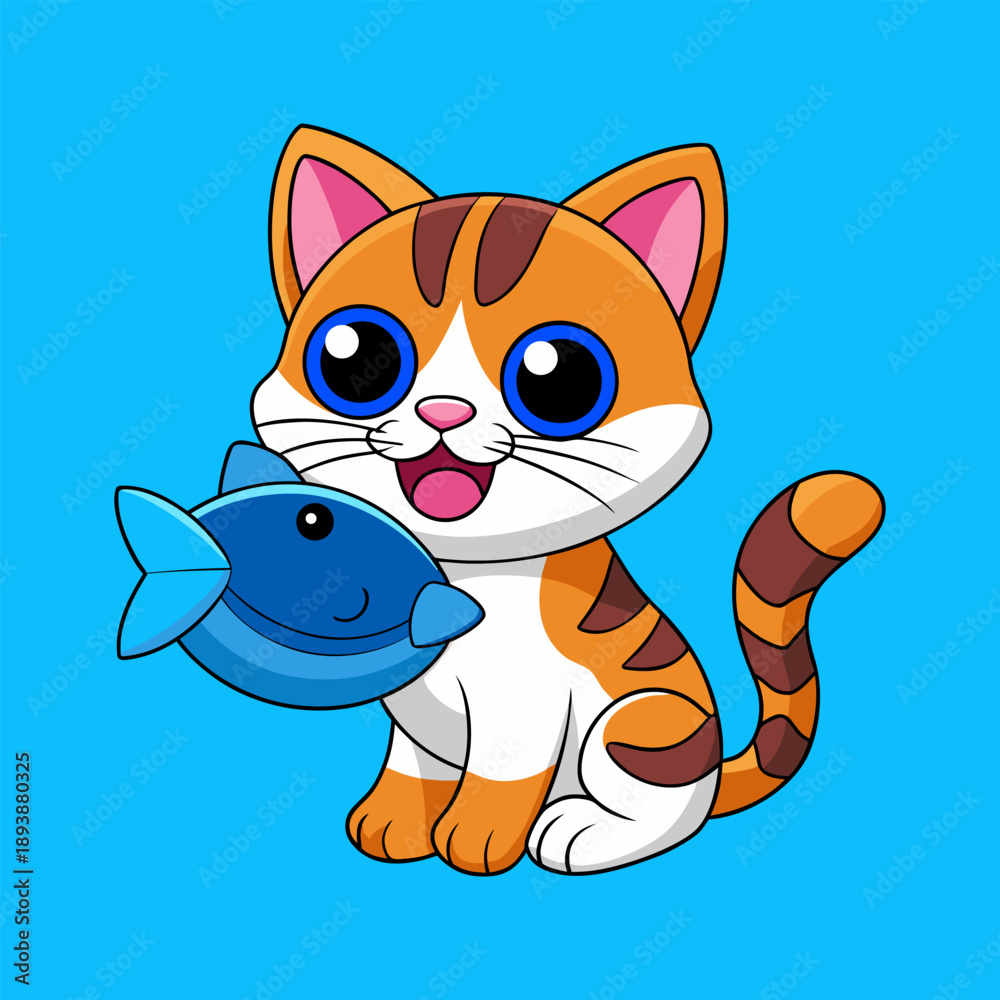 Obraz premium Cute cartoon cat happily holding a blue fish toy in mouth