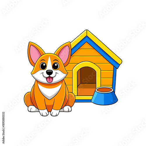 Corgi dog sitting in front of colorful doghouse with food bowl