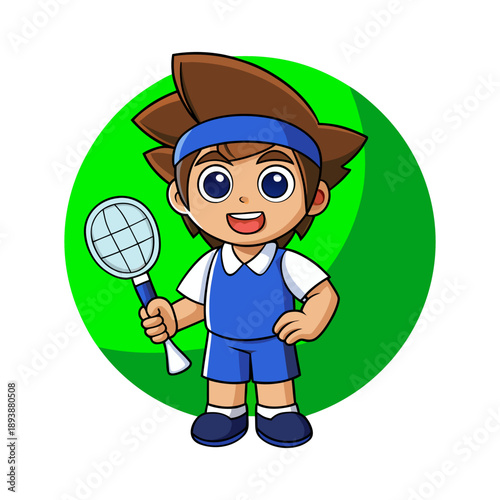 Smiling cartoon boy holding tennis racket ready to play