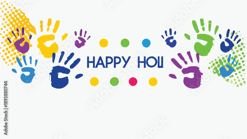Vibrant holi festival illustration with multicolor handprints and dots on white background celebrating happy holi