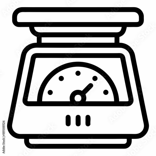 A detailed black and white line art illustration depicts a vintage-style kitchen scale, featuring a prominent circular dial with a needle indicating measurement, resting on a sturdy base platform.