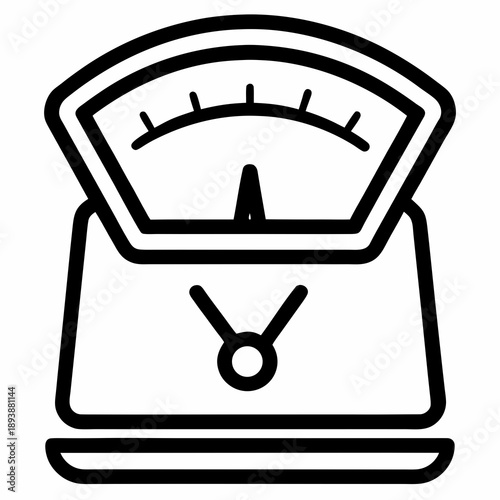 Close-up line art drawing of a vintage bathroom scale displaying an indicator needle centered above the base platform for representing body mass.