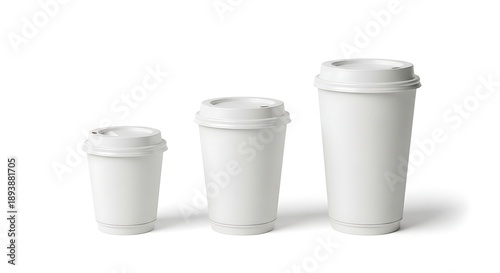 Wallpaper Mural Three white disposable paper cups with lids, in small, medium, and large sizes, displayed on a white background, perfect for branding and marketing Torontodigital.ca