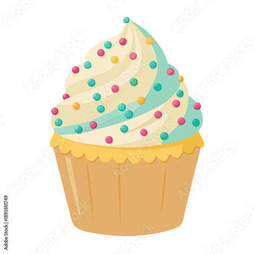 Cartoon cupcake with swirled cream and colorful sprinkles dessert sweet