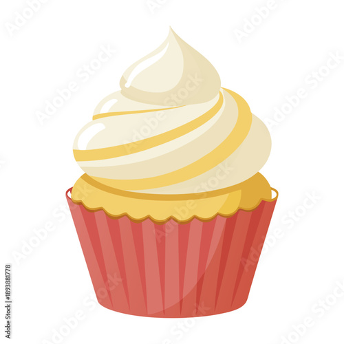Cartoon cupcake with white frosting and red wrapper dessert pastry