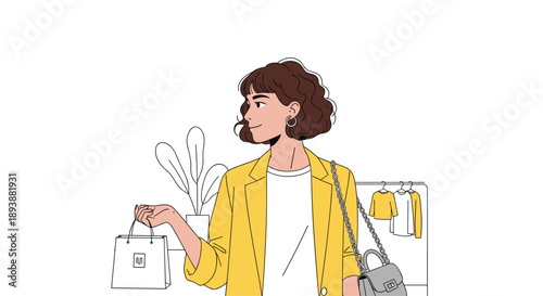 Stylish Woman in Yellow Blazer Holding Shopping Bag in Clothing Boutique Illustration