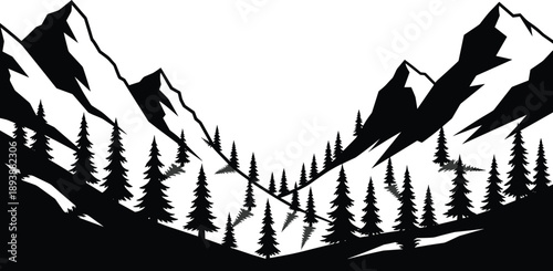 Black and White Mountain Landscape Silhouette Vector Illustration with Pine Forest Trees for Outdoor Adventure Wilderness Travel and Nature Graphic Design