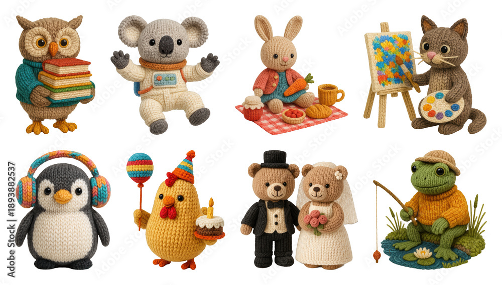 Fototapeta premium PNG Cute crocheted animal figurines collection, transparent background