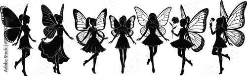 Fairy silhouettes collection isolated on white background, magical winged girls, fantasy character black vector illustration set for design