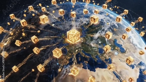 A dynamic 3D animation showcases an intricate global network composed of numerous glowing, golden cubic objects, each prominently featuring the digit '6' on its illuminated faces. These radiant cubes 