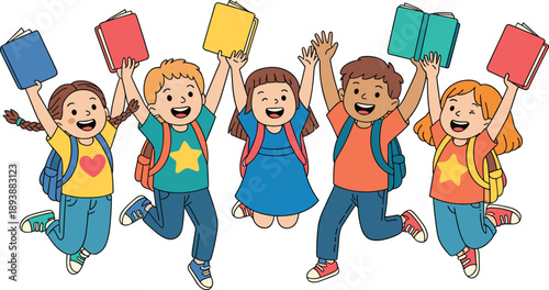 Happy school children jumping with books and backpacks, colorful education concept illustration, perfect for back to school designs, learning posters, and kids activities.