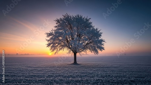 Frost-covered tree stands solitary at dawn, sunrise glows