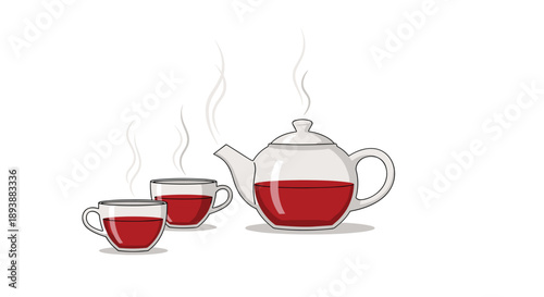 Steaming Glass Teapot and Two Cups Filled with Red Fruit Tea Illustration