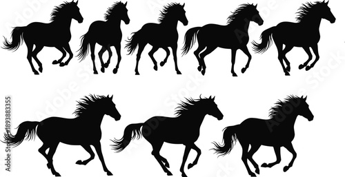 Horse running silhouette icons, galloping poses, motion sequence, black vector illustrations, equine movement, dynamic animal design elements