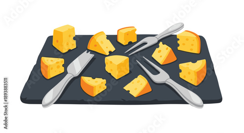 Gourmet Cheese Selection on Dark Slate Board with Serving Forks Illustration