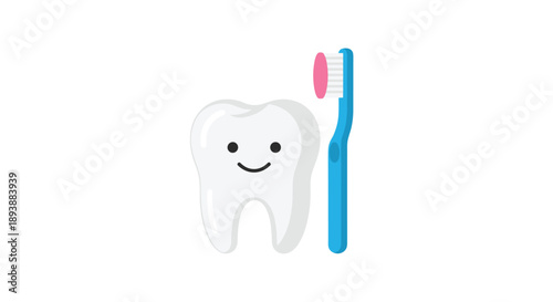Cute Cartoon Smiling Tooth Next to Blue Toothbrush Oral Hygiene Illustration