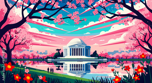 Vector illustration of a majestic monument framed by delicate cherry blossoms, reflected in tranquil water under a vibrant spring sky