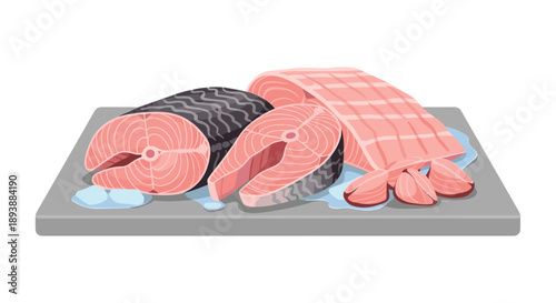 Raw Salmon Steaks and Fillets on Ice Chilled Seafood Display Illustration
