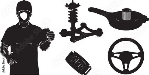 5-6 Black Solid Vehicle Repair Icons Silhouettes on White