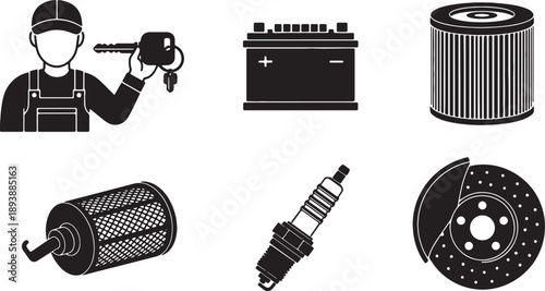 5-6 Black Solid Car Maintenance Icons on White Background