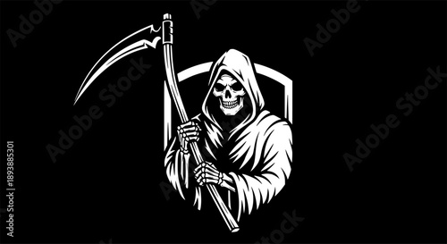 Monochrome depiction of a skeletal reaper figure wielding a scyt