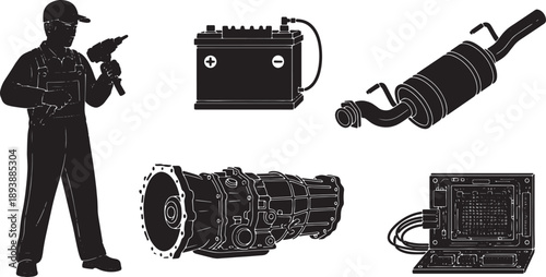 5-6 Black Solid Vehicle Repair Outlines Silhouettes on White