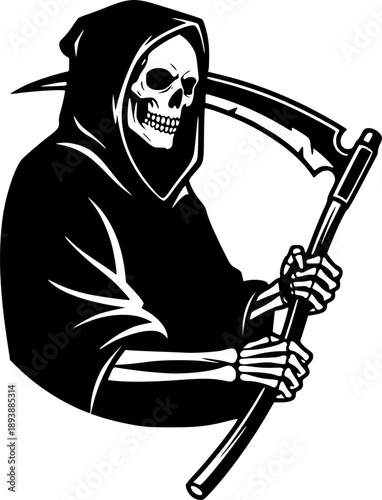 Monochrome depiction of a skeletal reaper figure wielding a scyt