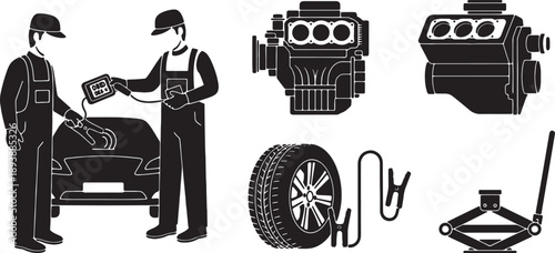 5-6 Black Solid Car Repair Outlines Silhouettes on White