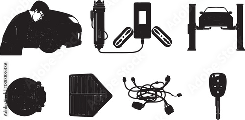 5-6 Black Solid Car Maintenance Outlines Silhouettes on White