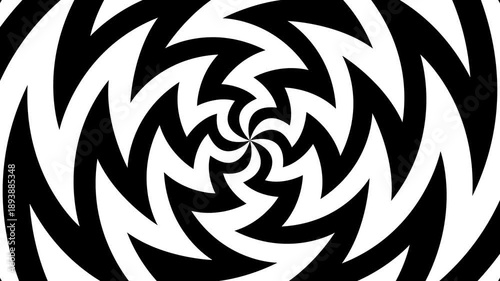4k seamless looping spiral, abstract sharp shapes, optical illusion background set. Black and white striped pattern. Geometric tunnel hypnotic psychedelic BG.