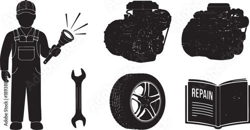 5-6 Black Solid Car Repair Manuals Outlines Silhouettes on White