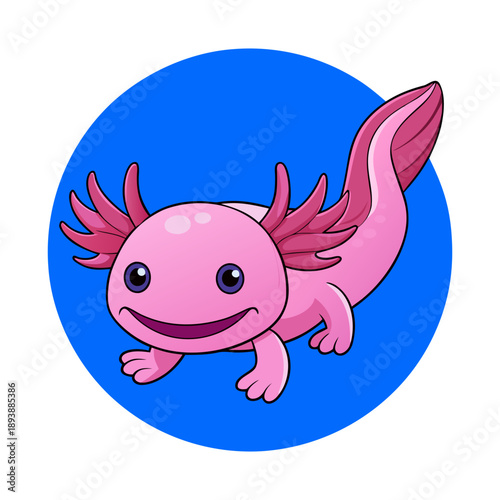 Cute pink axolotl swimming in blue circle with big smile
