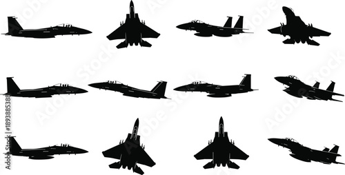 F-15 Eagle silhouette, fighter jet vector, military aircraft icons, tactical aviation design, black graphic, aerial combat illustration