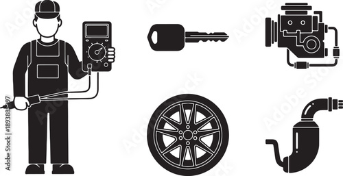 5-6 Black Solid Automotive Tools Shapes Silhouettes on White