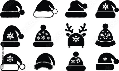 Christmas winter hat icons, festive headwear, holiday illustration, black and white graphic, snowflake design, vector clipart set