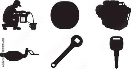6 Black Solid Auto Repair Process Icons Silhouettes on White