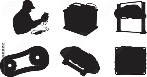 6 Black Solid Car Service Icons Silhouettes on White