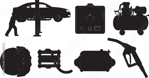 6 Black Solid Automotive Repair Outlines Silhouettes on White