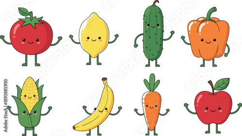 Cute fruit and vegetable character vector set with smiling tomato, lemon, cucumber, pepper, corn, banana, carrot, and apple illustrations