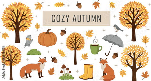 Cozy autumn vector set with fall trees, foxes, pumpkins, leaves, acorns, rain boots, umbrella, and warm seasonal nature illustrations