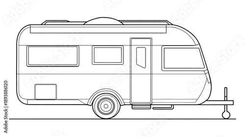 Detailed vector line art of a modern travel trailer or caravan, side view, for camping, road trips, and outdoor adventures.