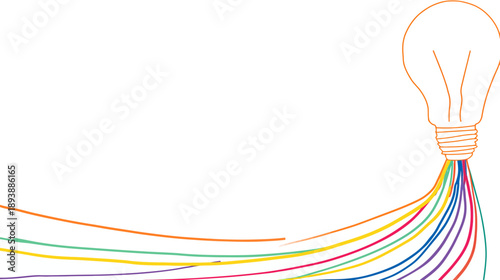 Conceptual light bulb drawing with vibrant rainbow lines, symbolizing innovation, creative thinking, inspiration, and diverse ideas