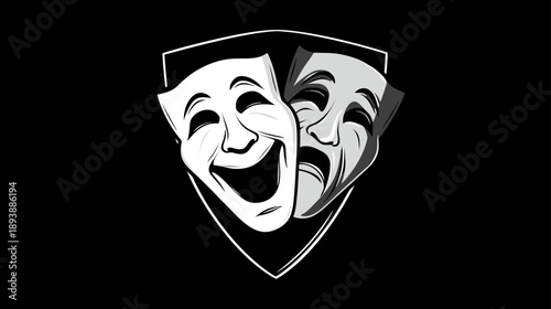 Classic theatrical masks representing comedy and tragedy, symbolizing drama, emotion, and performance on a dark background.
