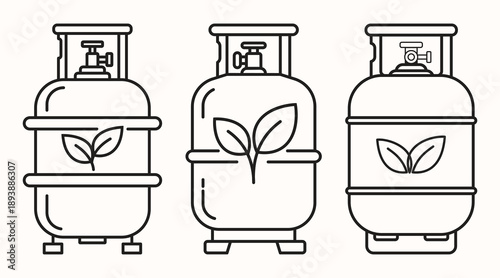 Black outline icons of three gas cylinders with leaf symbols, Sustainable bio fuel, Eco friendly green energy, Natural gas.