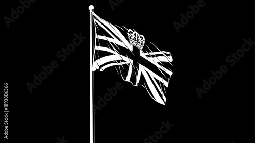 Monochrome United Kingdom Flag with Royal Crown Waving on Flagpole, Patriotic High-Contrast Graphic Illustration on Black