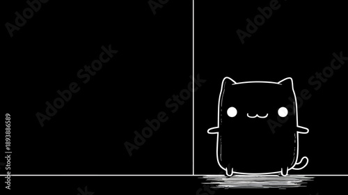 Adorable minimalist black and white cat illustration. Simple cute kitten character with happy expression in line art style on dark background.