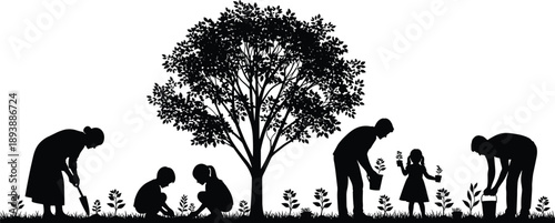 Black silhouette of a family gardening together under a large tree, planting saplings in the garden, cad drawing flat vector illustration