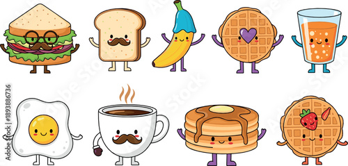 Cute breakfast and snack character vector set with sandwich, toast, banana, waffles, pancakes, coffee, egg, juice, and kawaii cartoon food