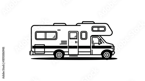 Black and white line art illustration of a classic recreational vehicle (RV) or motorhome, ideal for travel, camping, and road trips.
