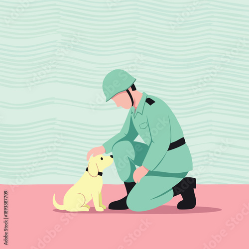 Soldier and dog companionship. Military pet flat illustration. Loyalty concept.
